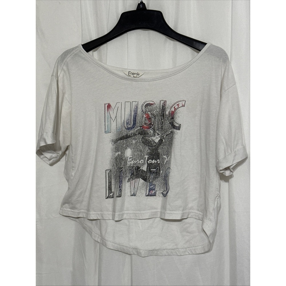 Energie Graphic Crop Top Womensā L White Excellent Music Lives Euro Tour 79 Tee
